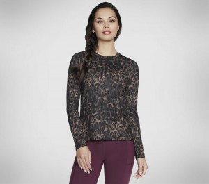 Camisa Manga Larga Skechers GO DRI Serene Cheetah Long Sleeve Mujer Beige Grises Marrom | 370681UWG