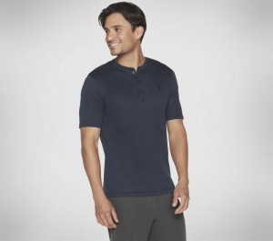 Camiseta Skechers GOKNIT Pique Short Sleeve Henley Hombre Azul Marino | 084359CST