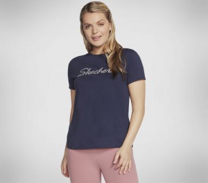Camiseta Skechers Metallic Logo Tee Mujer Azul Marino | 106543YQB
